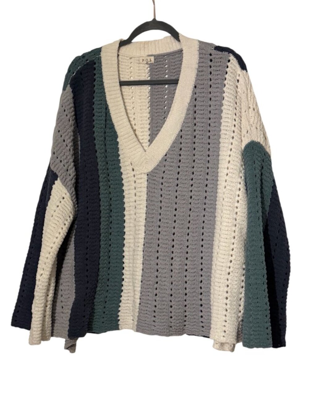 POL Chenille Striped Sweater Women’s Large | Oversized V-Neck Cozy Knit Pullover